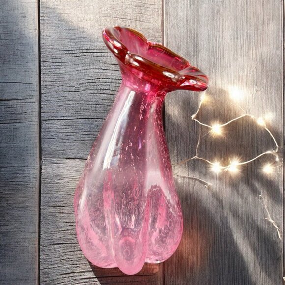 Large Art Glass Vase Vessel Pink Flower Shape Vas With Air Bubbles All Over Vase - Picture 2 of 16